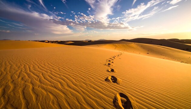 A landscape featuring sand dunes with footprints traversing the foreground. A sunset casts an orange glow across the sky