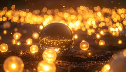 A reflective sphere sits amidst scattered glowing orbs on a textured surface, with blurred lights in the background