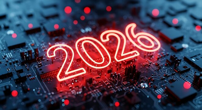 Glowing 2026 Numbers on Futuristic Circuit Board Background year future