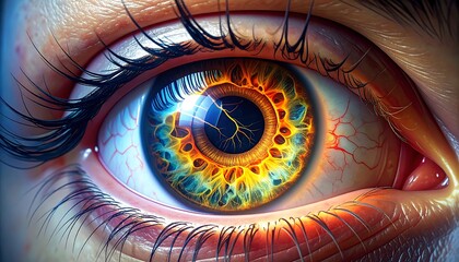 Close-up of a detailed, colorful human eye with vibrant iris