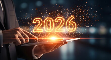 Businessman Using Tablet with Glowing 2026 Numbers and Sparks new year happy new year