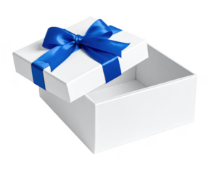 Open white gift box with a blue ribbon bow. Empty present box for surprise. Isolated on transparent background