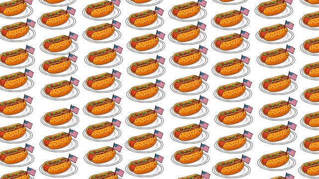 Seamless looping footage of American-themed hot dog patterns with tiny USA flags on plates. Perfect for celebrations, food ads, patriotic events, Independence Day promos, and festive background animat