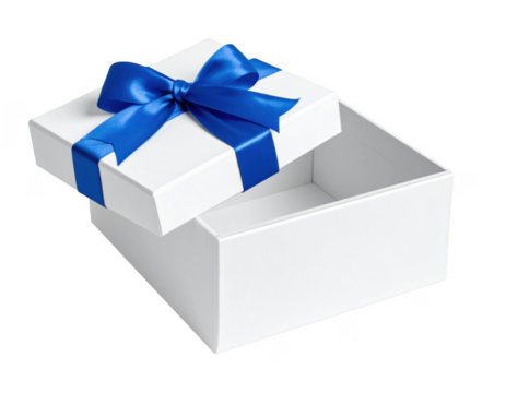 Open white gift box with a blue ribbon bow. Empty present box for surprise. Isolated on transparent background