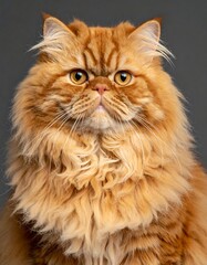 Close-up of a fluffy, orange-furred cat with intense, amber eyes