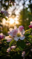 Obraz premium Delicate floral beauty: Spring blossoms bathed in the warm golden light of dawn