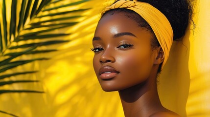 A woman with a yellow headband and a yellow background with palm leaves.