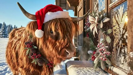 Cute Highland cow wearing Santa hat and Christmas wreath standing in snowy landscape near rustic cabin for festive holiday concept - Powered by Adobe