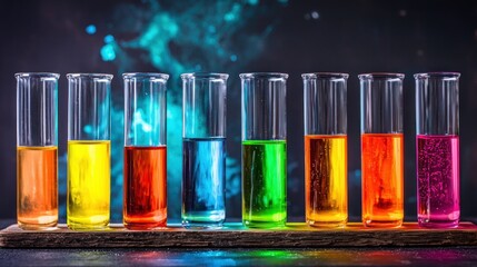 A colorful array of test tubes with vibrant liquids in a laboratory setting.