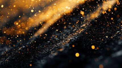 A black and gold abstract background with a wave-like pattern and glowing particles.