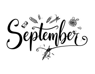 Black and white calligraphy lettering "September" with doodles of school supplies