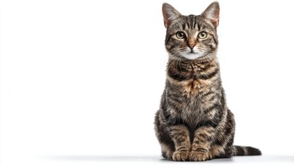 Studio portrait of a sitting tabby cat looking forward against a white back ground