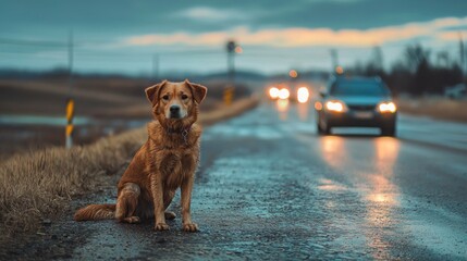 A golden retriever dog sitting on a wet road with cars driving by in the background.