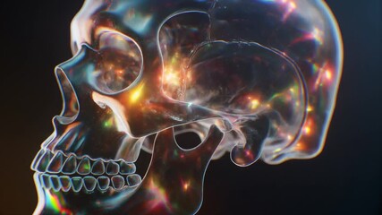 Transparent Skull with Internal Galaxy Illumination on Black Background Surreal Rendering - Powered by Adobe