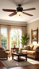 Cozy living room with beige walls, furniture, and a ceiling fan above