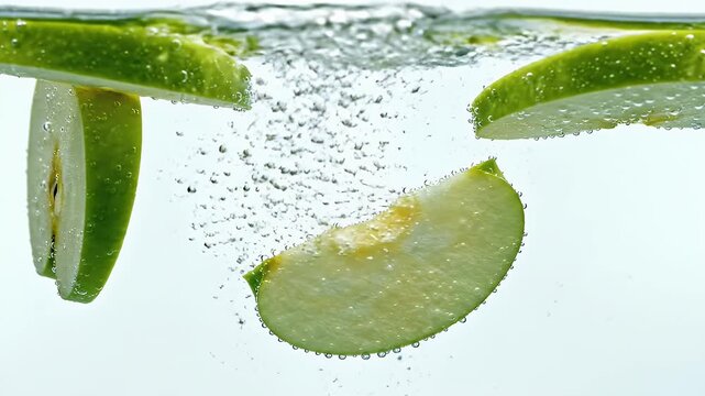 Fresh Green Apple Slices Splashing into Clear Water with Bubbles.