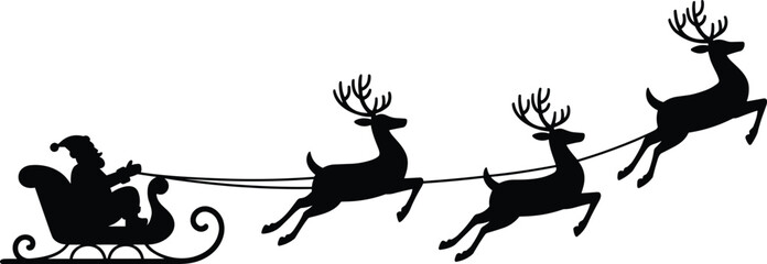 Santa Claus flying in his sleigh pulled by reindeer team, Christmas holiday black silhouette vector illustration, isolated on white.