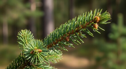 Delicate spruce branch adorned with glistening water droplets in a tranquil forest setting
