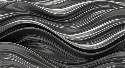 Obraz premium Metallic fluid waves frozen mid-motion, molten-like texture with seamless reflective highlights, deep soft shadows, elegant curves, monochromatic palette, luxury-brand aesthetic 
