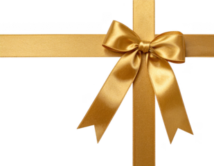 Golden gift ribbon with a bow tied in the center, horizontal layout. Isolated on transparent background