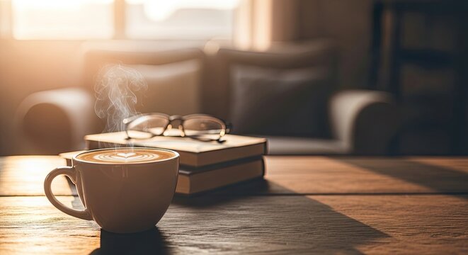 A steaming cup of coffee with a book and glasses on a wooden table in a cozy, sunlit room.