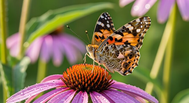 Painted Lady Butterfly on Purple Coneflower in Garden.