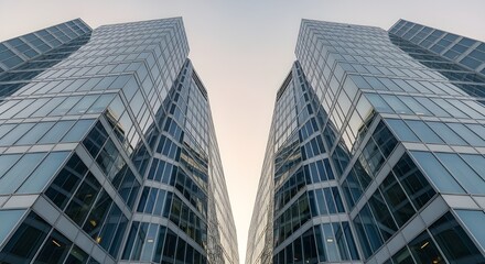Obraz premium Symmetrical low-angle shot of a modern glass building with repeating lines and sharp geometry, sky softly gradient, no identifiable logos, clean futuristic tone, ideal for finance, real estate, and 