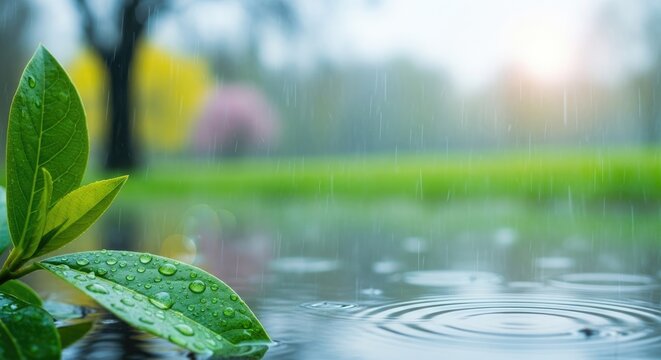 A green leaf with water droplets on it, floating in a calm pond with ripples. - Powered by Adobe