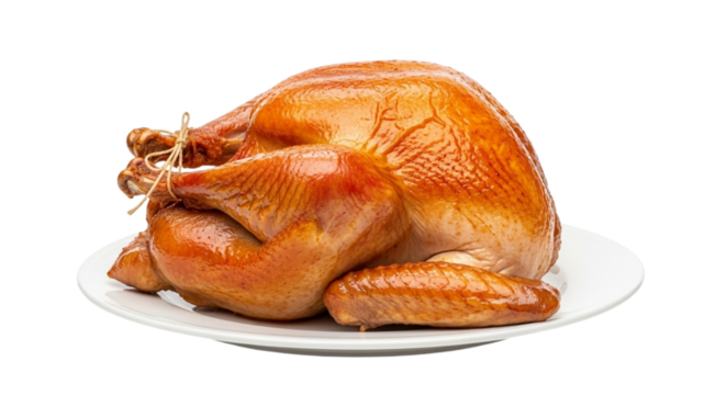 Whole roasted turkey served on a white plate, isolated on transparent background
