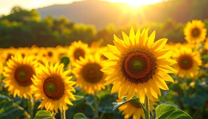 Obraz premium Golden Sunflower Field Bathed in Warm Sunlight - A Summers Day Dream.