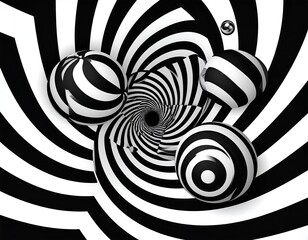 Black and white spiral with striped spheres seemingly floating