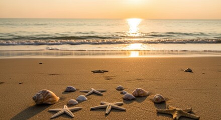 Golden sunset over the ocean with seashells and starfish on a sandy beach