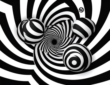 Black and white spiral with striped spheres seemingly floating