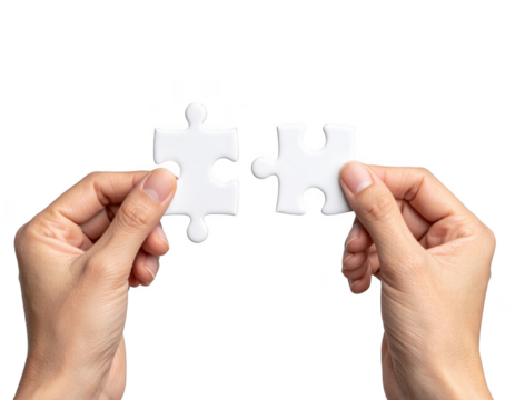 Hands connecting two white jigsaw puzzle pieces for a teamwork solution isolated on white and transparent background - Powered by Adobe