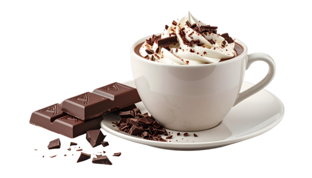 Steaming Hot Chocolate with Whipped Cream and Chocolate Shavings isolated on transparent background