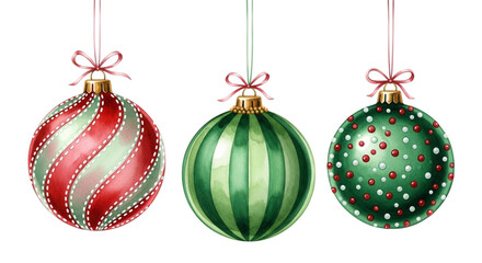 Three watercolor christmas tree ornaments hanging, one red and white striped, one green striped, and one green with red and white dots, isolated on transparent background