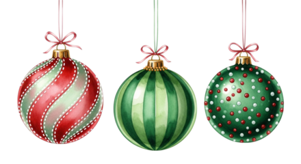 Three watercolor christmas tree ornaments hanging, one red and white striped, one green striped, and one green with red and white dots, isolated on transparent background