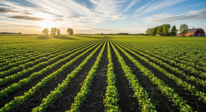 A vast, lush green field of soybeans with a red barn in the background under a blue sky with white clouds.