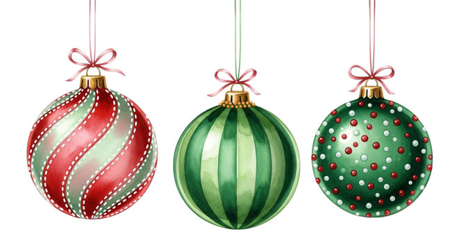 Three watercolor christmas tree ornaments hanging, one red and white striped, one green striped, and one green with red and white dots, isolated on transparent background