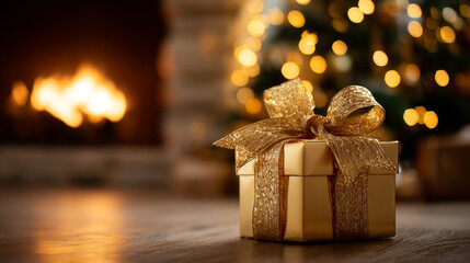 golden gift box with bow with blurred fireplace and Christmas tree with festive light