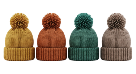 Four knitted winter beanies with pom poms in mustard yellow, burnt orange, teal green, and taupe, isolated on transparent background