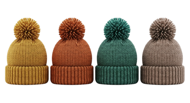 Four knitted winter beanies with pom poms in mustard yellow, burnt orange, teal green, and taupe, isolated on transparent background