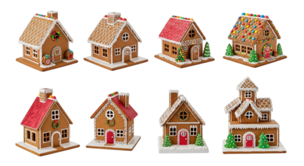 Collection of eight different gingerbread houses decorated for christmas holiday season isolated on transparent background