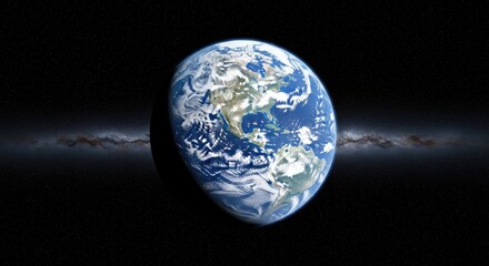 The Earth, a blue and green planet with a white horizon and black space background.