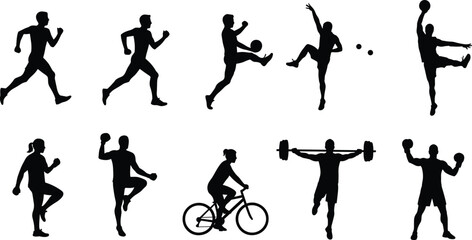 Set of ten dynamic black vector sports silhouettes featuring athletes running, playing soccer, cycling, and weightlifting, isolated on white background for fitness and athletic design.