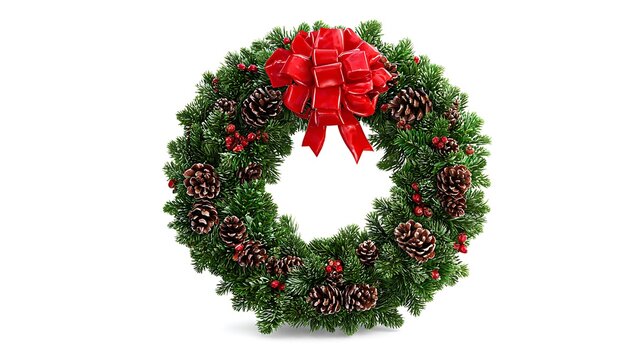 A christmas wreath with pine cones and red berries and a red bow on a white background