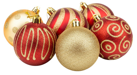 A group of shiny red and gold glitter christmas tree ornaments with various patterns, isolated on transparent background