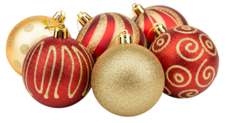 A group of shiny red and gold glitter christmas tree ornaments with various patterns, isolated on transparent background