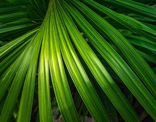 Close-up of vibrant green palm fronds radiating from a central point