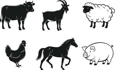 Farm animal silhouettes including cow, goat, sheep, chicken, horse, pig in black style, flat vector